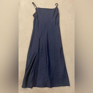 Navy blue bodycon silk dress with slit